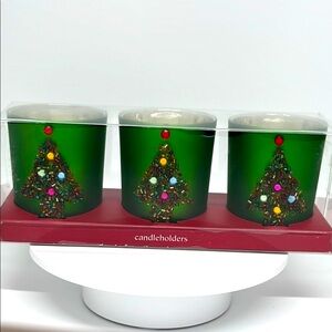 Pier 1 Green Candle Holders with Festive Tree Design